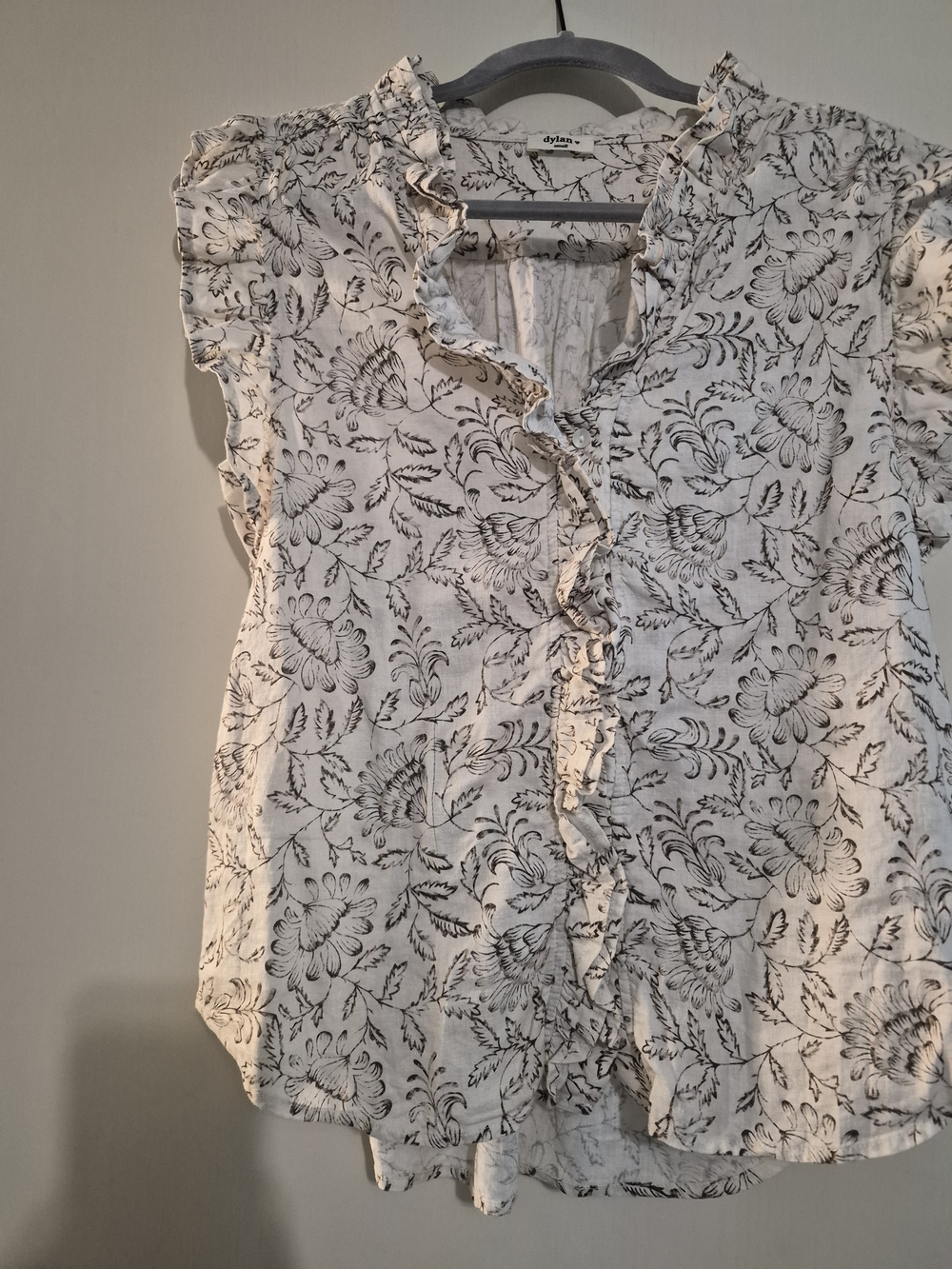 dylan White Blouse with Black Floral Ruffle Front